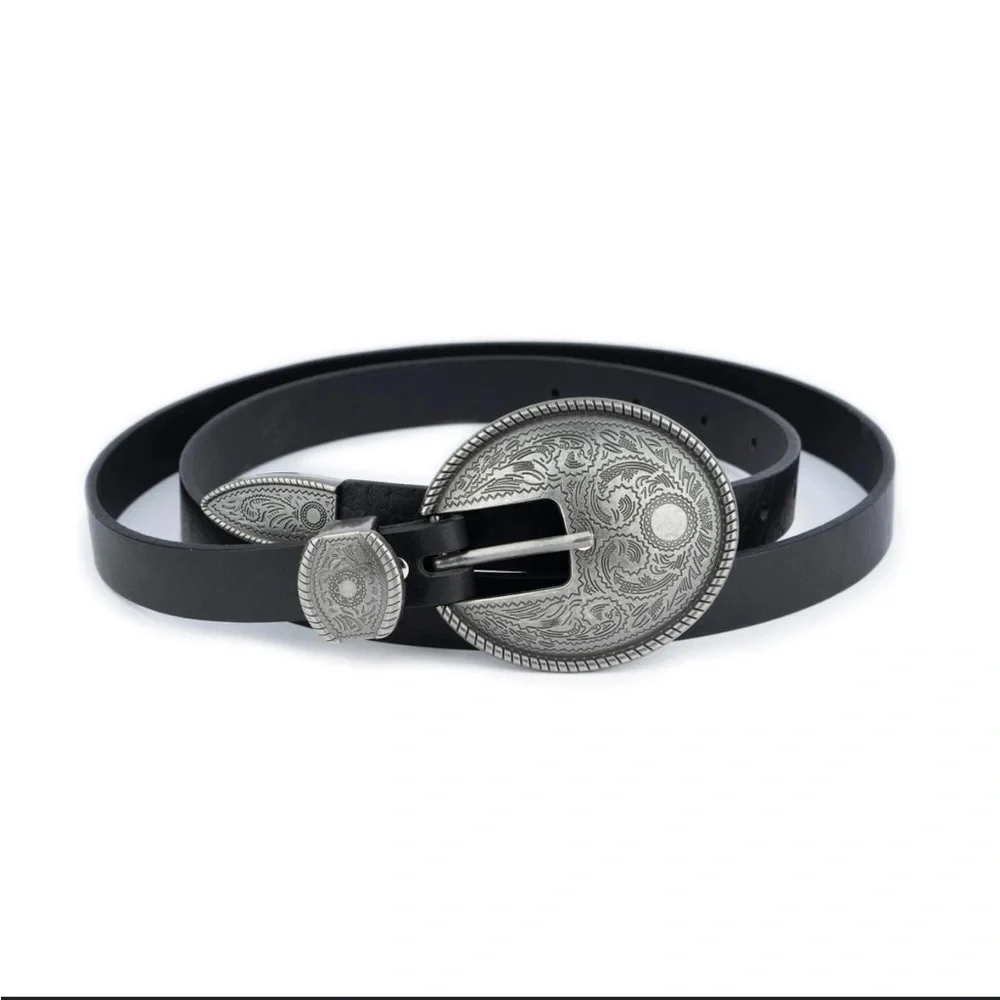 VERA PELLE Western 1.5” Black Leather Round Engraved Silver Buckle Belt MED 35”